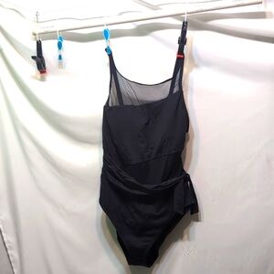 NWT Bleu/Rod Beatte black 1 piece swimsuit size 14 adjustable straps mesh